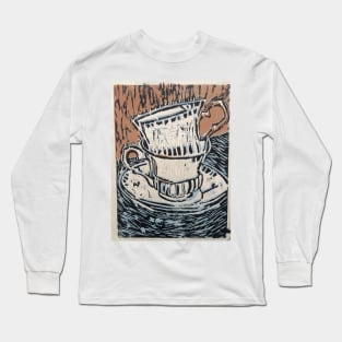 Teacup Woodcut Print Long Sleeve T-Shirt